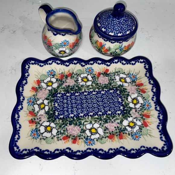 Polish Pottery KAKICH~ UNIKAT set of 3 sugar, bowl cleaner, and Trey - Picture 7 of 9